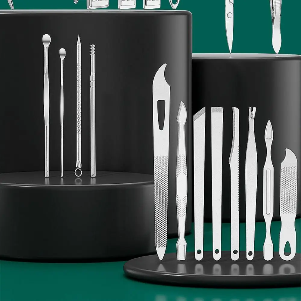 19종 휴대용 스테인리스 손톱깎이 세트 발톱 다듬기 가정용 손톱 연마 도구 가죽 케이스 뷰티 매니큐어 키트 선물