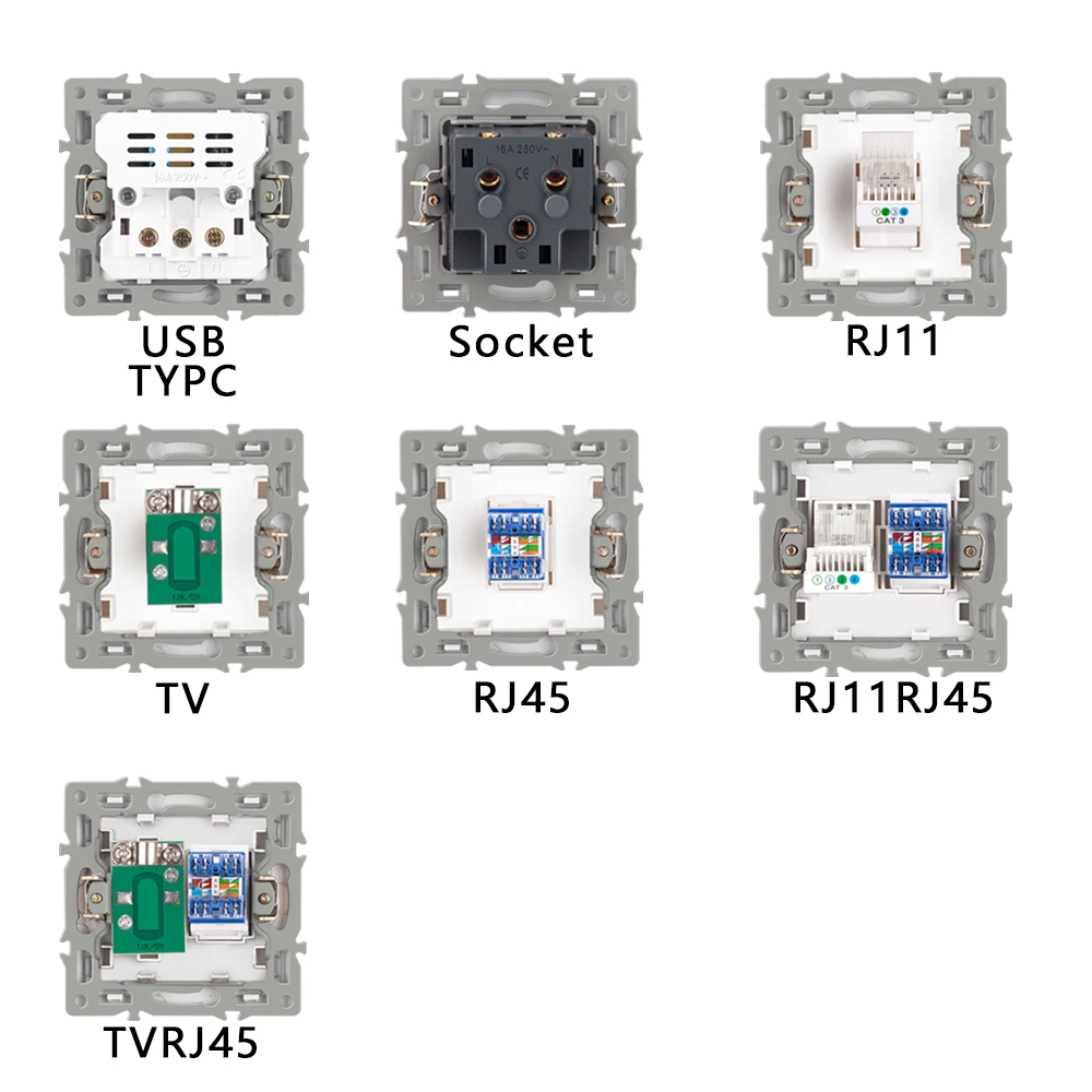 UBARO EU 52*52mm Wall Socket Module Glass Panel Frame Suitable for Round Installation Box USB TYPE C TV RJ45 Outlet 250V 16A Diy