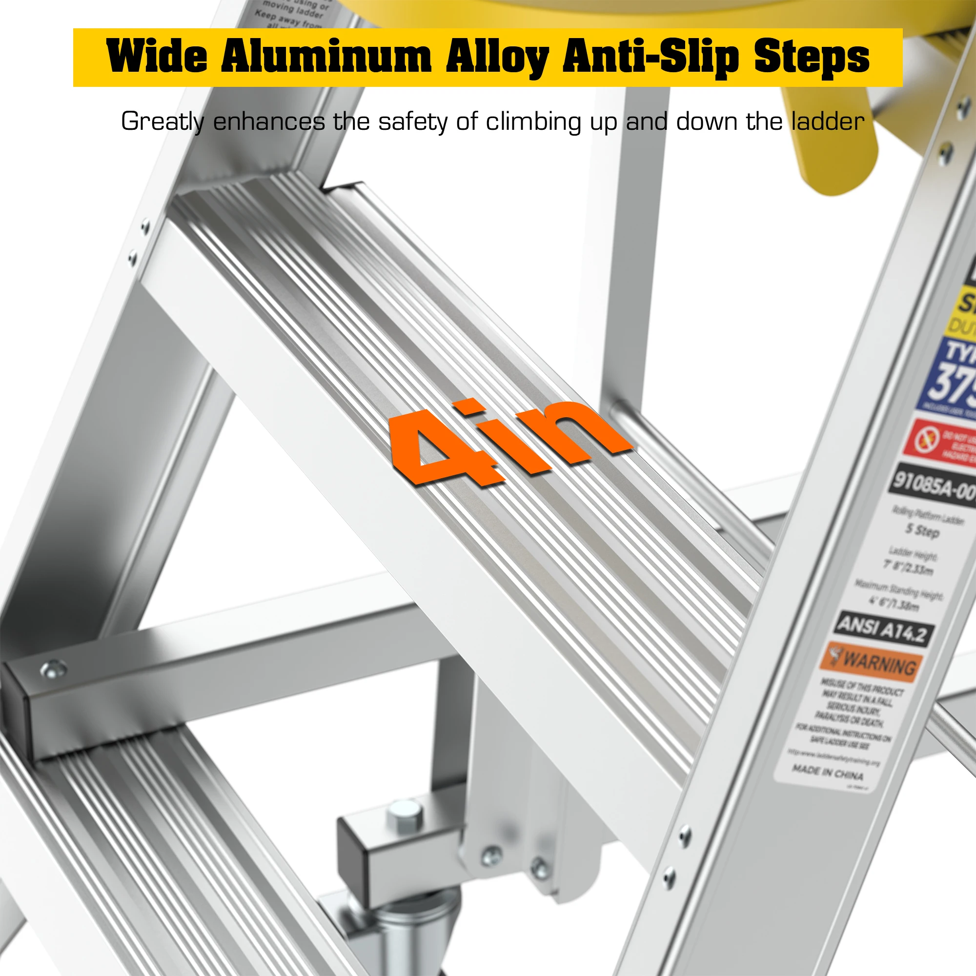 سلم منصة دوارة من الألومنيوم مع منصة عمل متنقلة غير قابلة للانزلاق بسعة 170 كجم للاستخدام في المستودعات #5