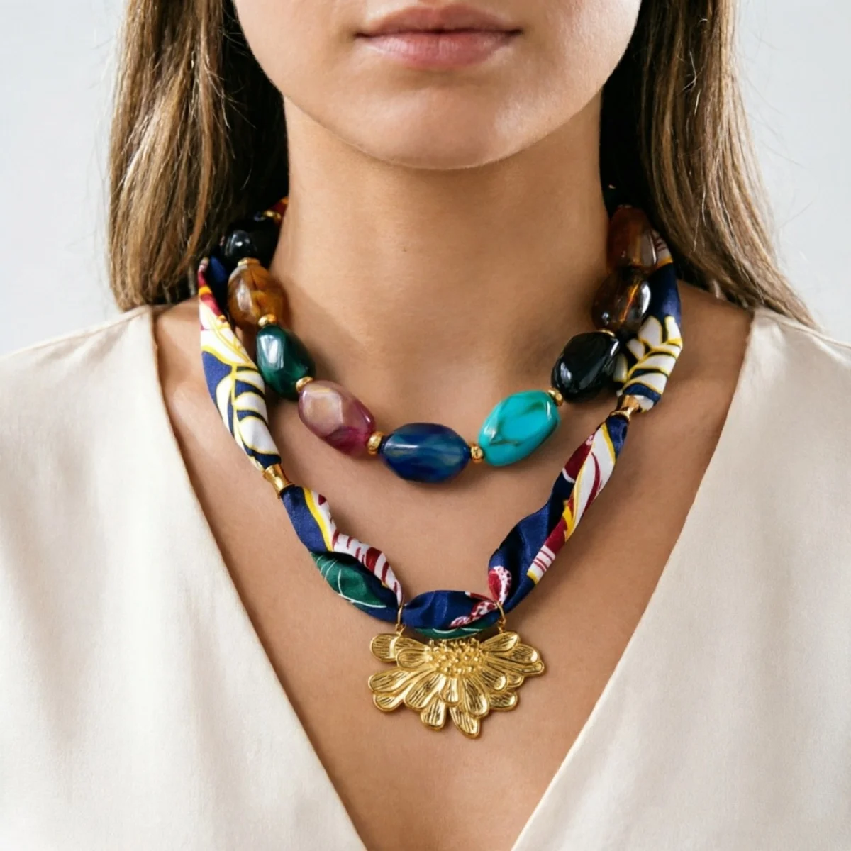 Botanisch bedruckter marineblauer Schal, Edelstahl-Halskette mit geprägten Blumen für Damen, unregelmäßiger Acryl-Perlen-Choker-Schmuck – Detail 17