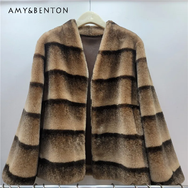 

2025 Winter New Vintage High-End V-Neck Mink Faux Fur Coat Winter Fluffy Luxurious Mink Short Top Warm Cotton Jacket Outerwear