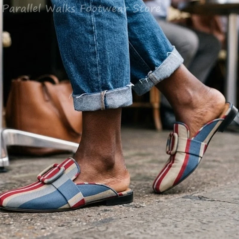 Men Striped Fabric Mules Buckle Pointed Toe Flat Slipper Casual Outdoor Summer Canvas Shoes Slides Sandalias Hombre Multi Colors