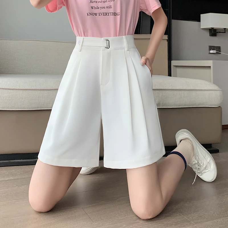 Seoulish Summer White Suit Shorts for Women Elegant Solid Color High Waist A-line Loose Wide Leg Casual Women\'s Shorts Female