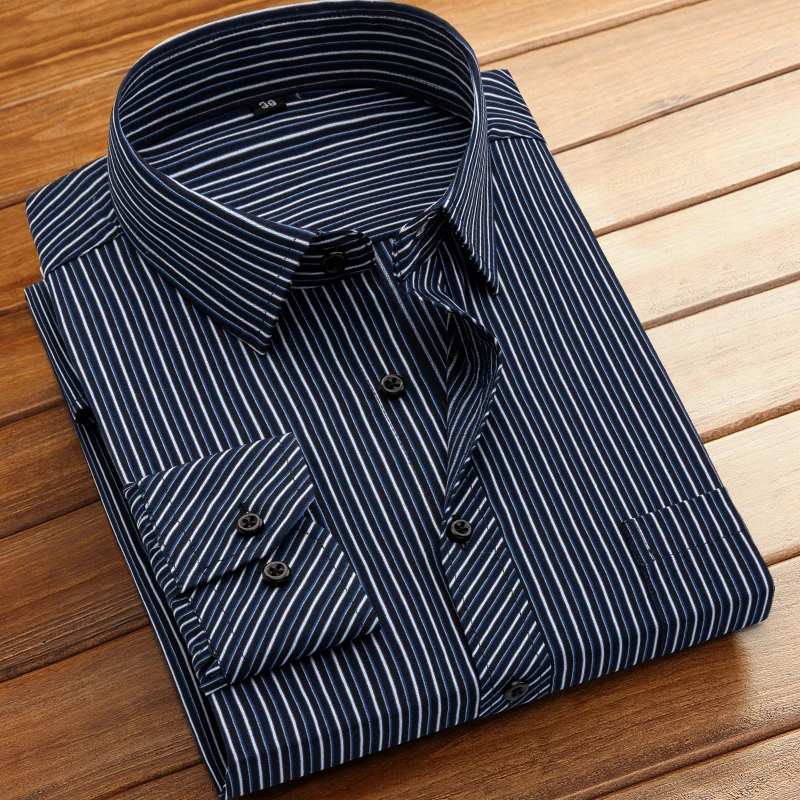 Men\'s formal shirt long-sleeved office solid color striped with pockets anti-wrinkle no-iron fashion business white shirt