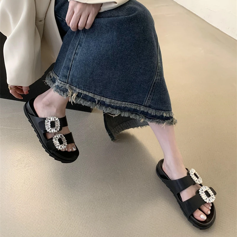 Platform Sandals 2023 Brand Rhinestone Shoes Ladies High Heels Double Buckle Band Slippers Woman Muffins Crystal FlipFlops Mujer
