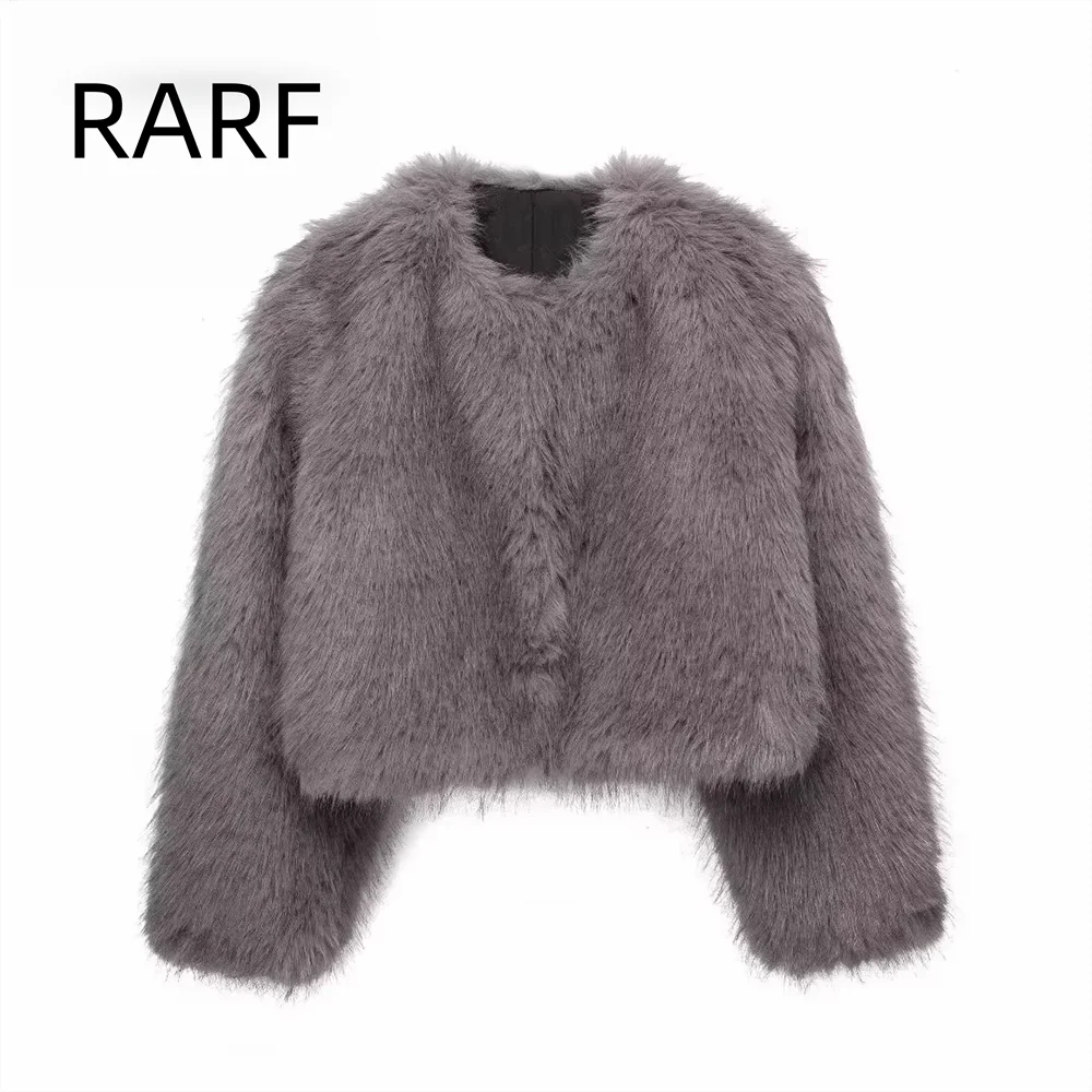 

New autumn and winter women's versatile round neck long sleeved faux fur effect short cardigan jacket