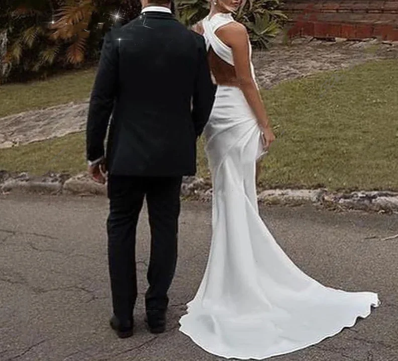 간단한 새틴 인어 웨딩 드레스 라운드 넥 민소매 섹시한 백리스 신부 드레스 하이 엣지 분할 파티 드레스 사용자 정의