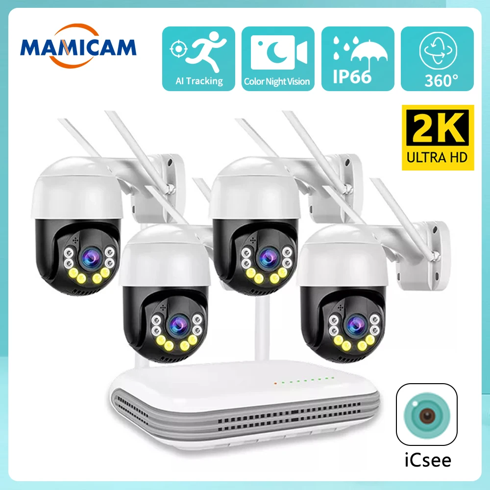 

WIFI Wireless System CCTV Camera Kit H.265 4MP Outdoor PTZ Security Audio AI Face Detect 8CH NVR Video Surveillance Set ICSee