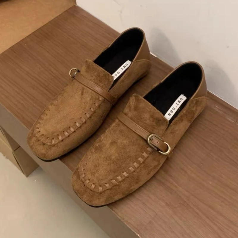 Scarpe basse eleganti in pelle scamosciata con punta quadrata Scarpe basse da donna con fibbia per cintura Comfort Scarpe casual Calzature autunnali Mocassini retrò leopardati da donna