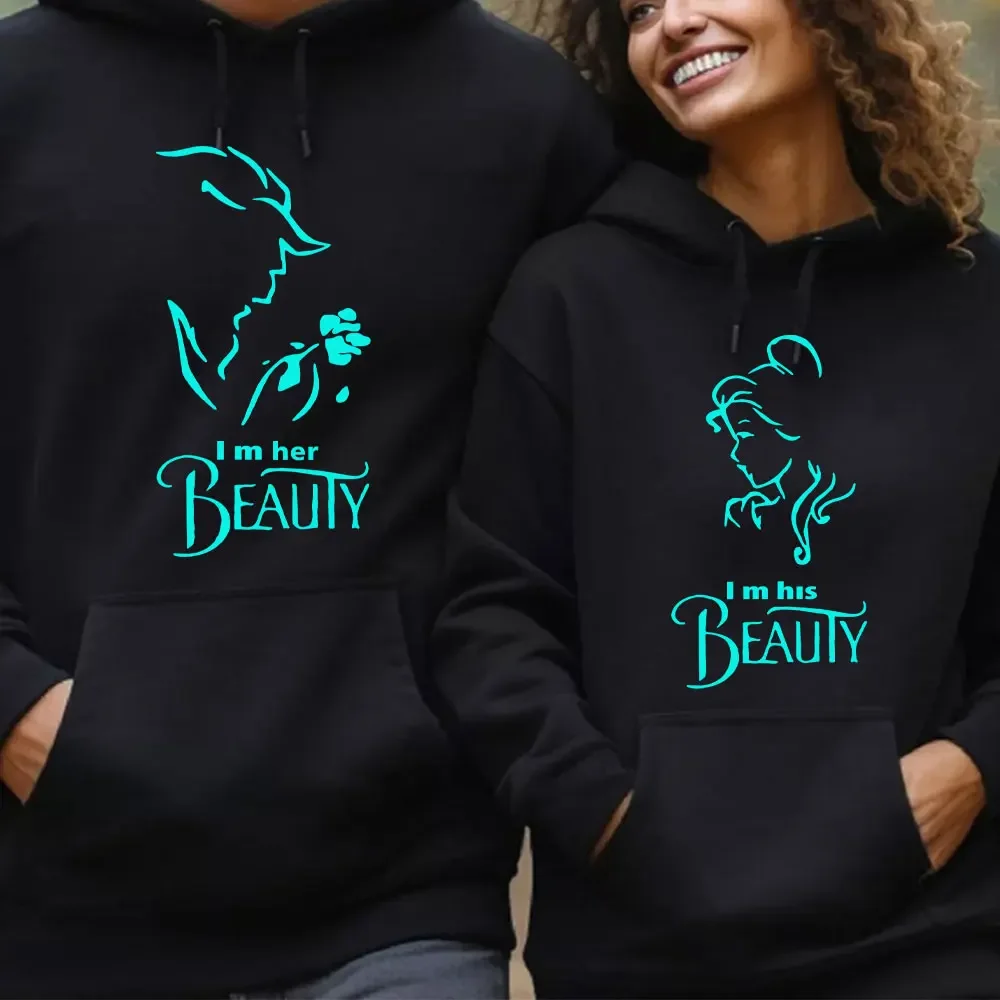 I\'m Her Beast I\'m His Beauty Print Sweatshirts Couple Matching Hoodies Men Women Long Sleeve Hooded Luminous Lover Hoodie