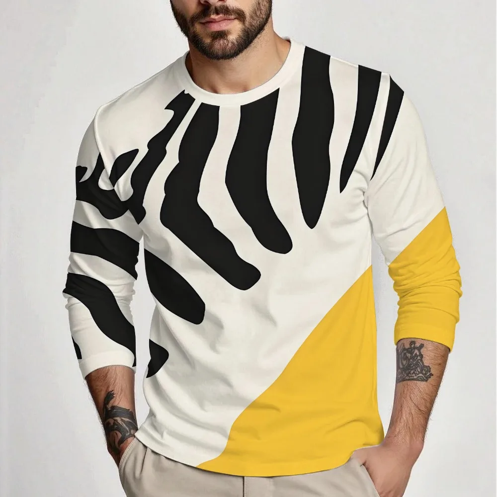 3Dprint Quick-dry Breathable Menlong-sleeved Round-neck Tshirt with A Unique Striped Zebra Print Design Provid Comfort Lightness