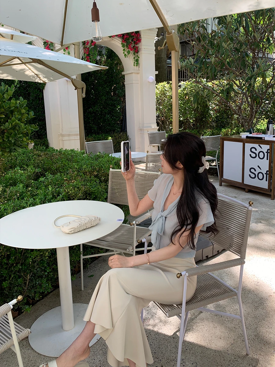 

Винтажный комплект Lazy Zoe: топ с V-образным вырезом и узлом, юбка-карандаш, летний модный набор для женщин