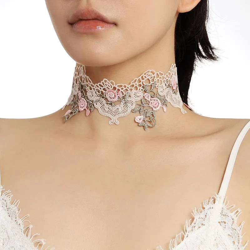 Pink Butterfly Flowers Leaf Lace Choker Necklace for Women Sexy Fashion Clavicle Jewelry Accessory Gift for Ladies