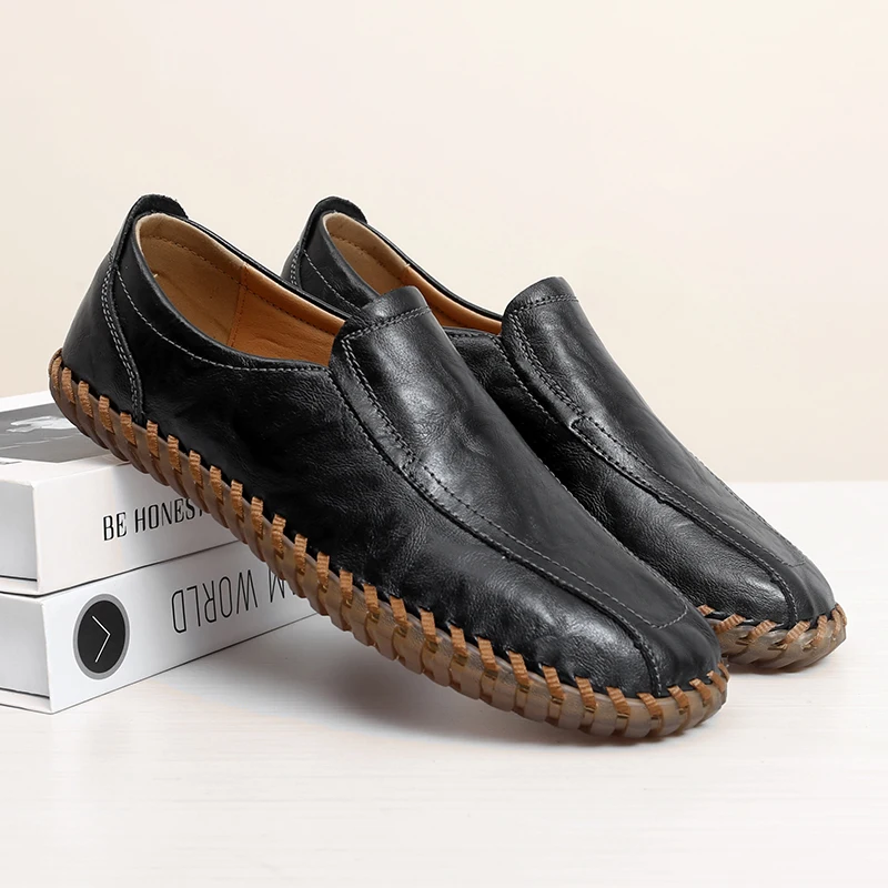 

Осень 2023, новая модная универсальная мужская обувь большого размера, повседневная кожаная обувь ручной работы с гибкой воловьей подошвой