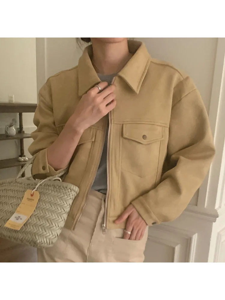 Retro Fashionable Pocket Zipper Motorcycle Velvet Short Jacket Loose Motorcycle Clothes Top Coat Polyester Fiber Women's Wear