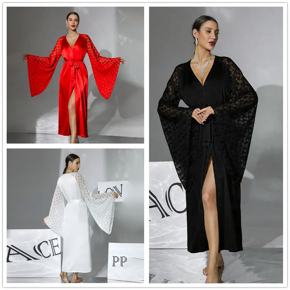 

Lace Flare Sleeve Patchwork Robe Soft Silk Dressing Gown Sleepwear Satin Kimono Bathrobe Loose Casual Homewear Loungewear