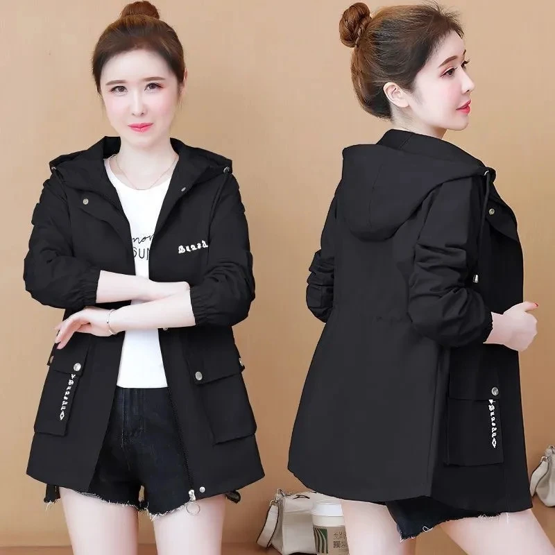 Women's Windbreaker Hooded Black Casual Trench Coat Spring Autumn Long Sleeve Outwears Fashion Korean Zippers Jacket With Pocket