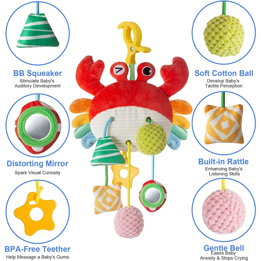 ของเล่นติดเบาะรถยนต์สำหรับเด็กทารก 0-6 เดือน, ของเล่นติดรถเข็นเด็กพร้อมคลิปหนีบใช้งานสะดวก, ของเล่นติดเบาะรถยนต์แบบแขวน มีเสียงดังเอี๊ยด มีกระจกสำหรับเด็กทารก