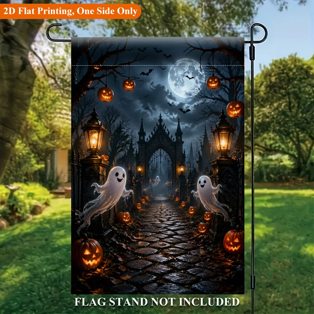 2D Flat Garden Flag 1 Piece, Halloween Jack-o-Lantern & Ghost Scene Holiday Yard Outdoor Flag for Outdoor Home & Yard Holiday Decorations, Valentine's Day, Mother's Day, Christmas, Thanksgiving, Halloween, Flagpole Not Included (Flags Only)