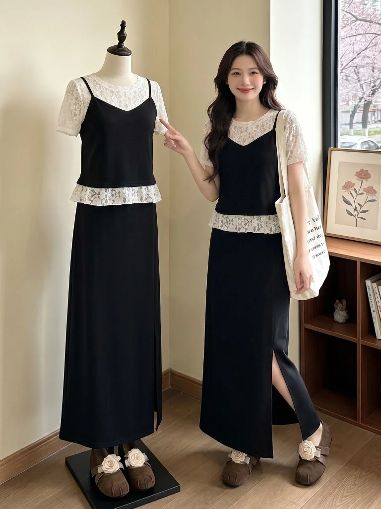

plus Size Women's Summer Fashion Set Black Lace Short Sleeve Straight Skirt Two Piece Ensemble Casual Commute Style Regular Fit
