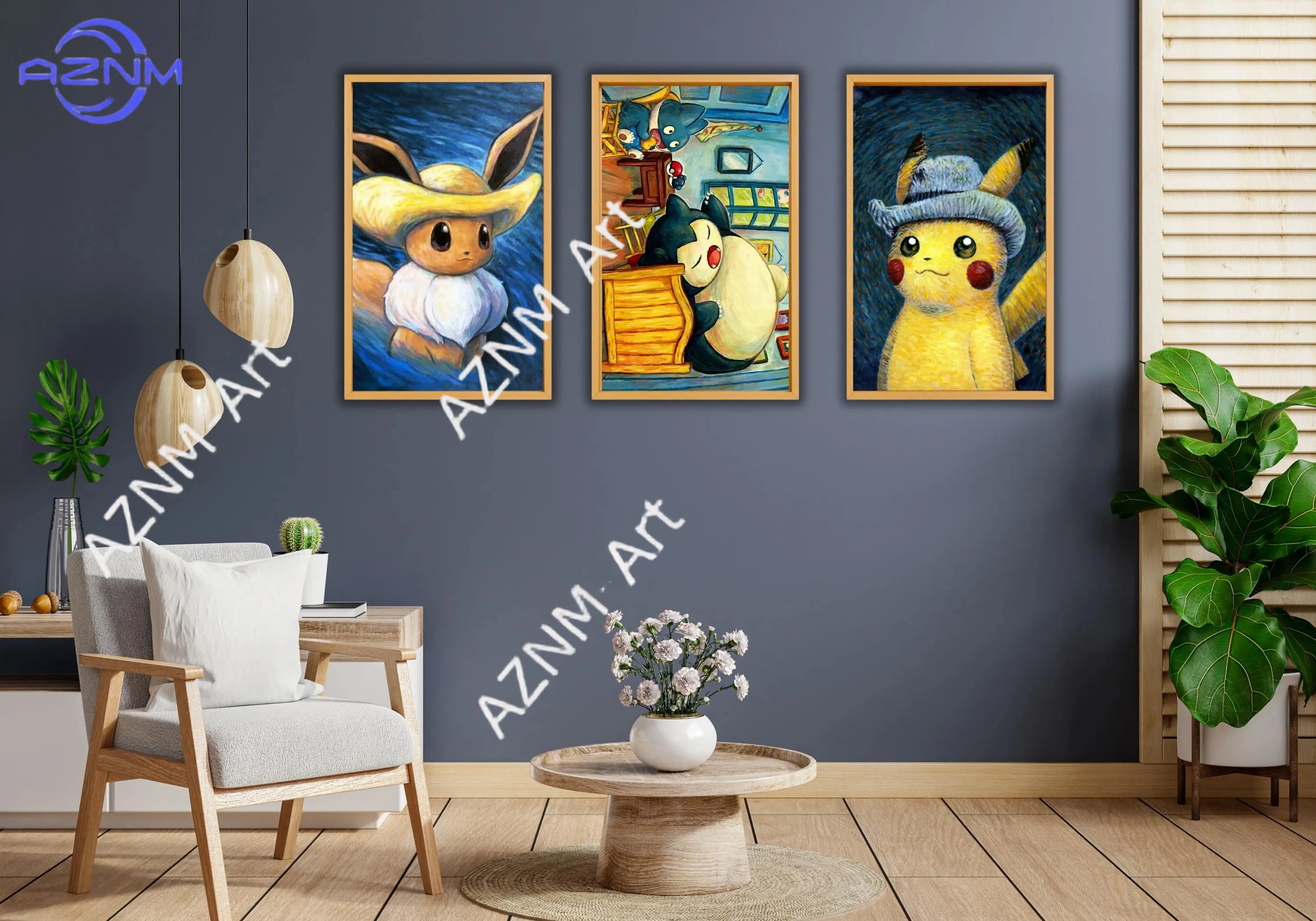 Japanisches Manga-Pokémon-Set mit 3 Van-Gogh-Pikachu-Drucken, Van-Gogh-Pikachu-Eevee-Snorlax, bereit zum Aufhängen auf Leinwand.