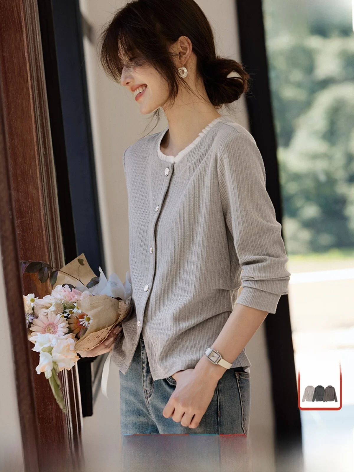 

ey T-irt Women's Waist-Cinching Pleated Floral Trim Design Commute Sle Long Sve round Ne Top Trendy Autumn Wear