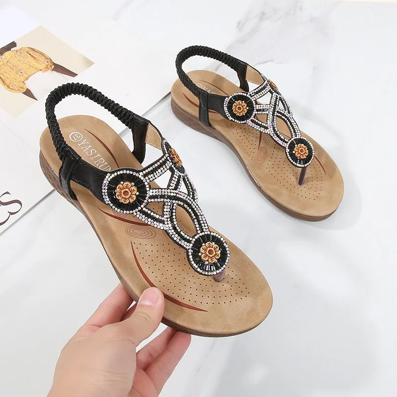 Large Size Women's Ladies Shoes Sandals Outside Flower Pattern Rhinestone Platform Foreign Trade Flat Large Size Women Sandals 