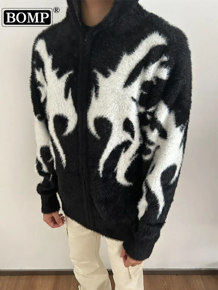 Fengfang Clothing Imitates Mink Fur Totem Jacquard Hooded Sweater Jacket, Men's Autumn Winter Loose