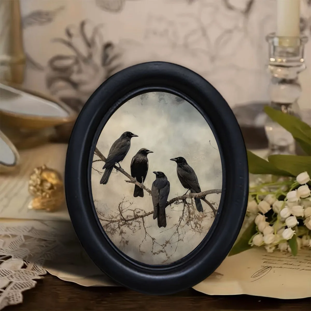 1 Piece of Vintage Crow on a Branch Oval Frame Wall Decoration, Gothic Dark Style Bird Hanging Painting, Distressed Mysterious Style Niche Art Ornament, Study Room Ambiance Wall Decoration, Gift for Crow Enthusiasts