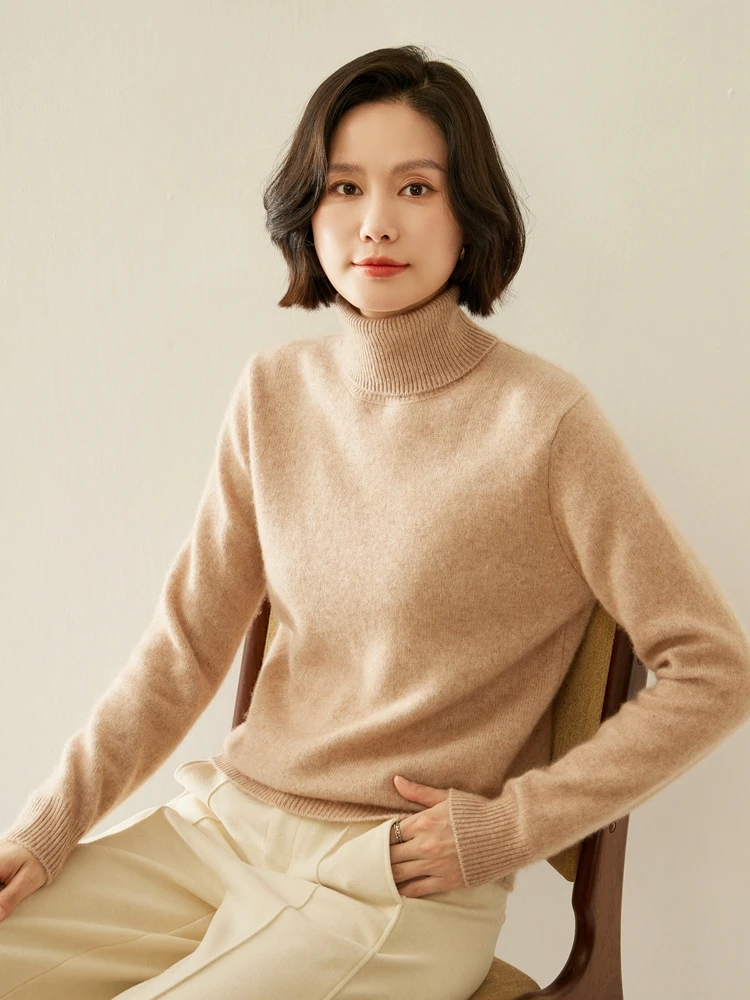 

Thick 100% Cashmere Knitted Long Sleeve Lapel Neck Pullover Woolen Shirt Women Base Layer Solid Color Inner Wear Turtleneck Top