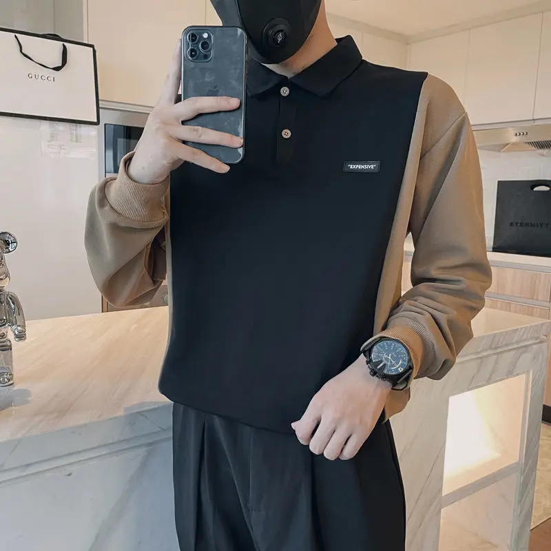 

2024 New Tops Men T Shirt Long Sleeve T-shirts Mens Turn Down Neck Man T-shirt Male Tshirts Patchwork Large Size Clothing E994