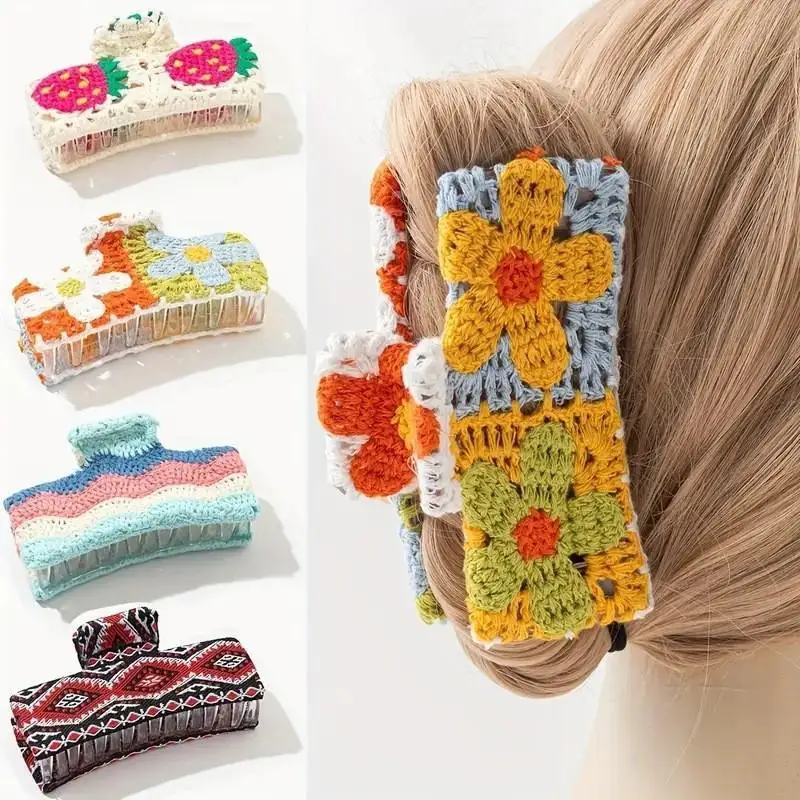 Gestrickte Blumen-Haarklammer für Mädchen und Frauen, gehäkelte handgemachte Haarnadel, modische Blumen-Haarspange, Hawaii-Bohemien-Haar-Accessoires – Detail 1
