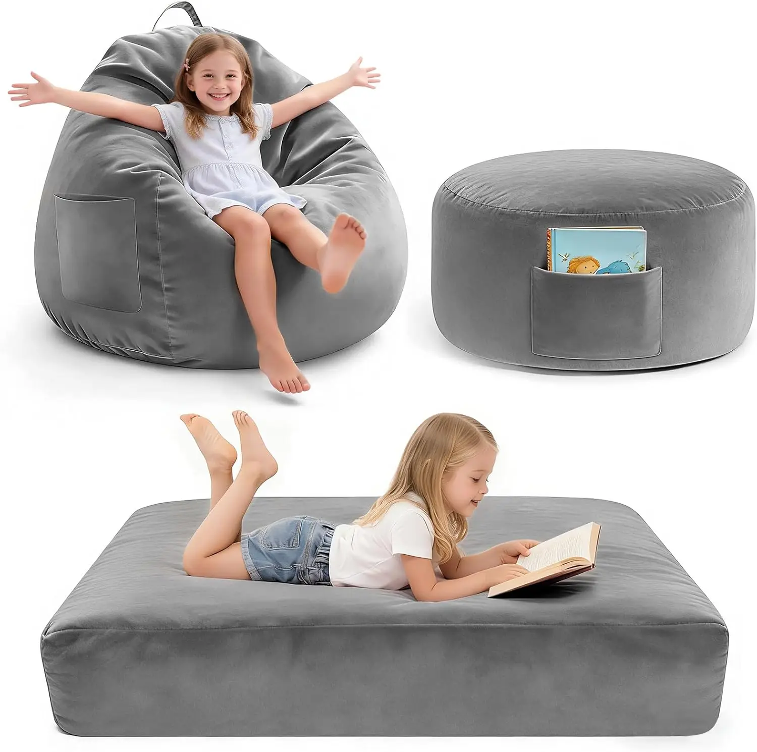 

Детское кресло-мешок-кровать трансформер с ручкой, из вельветовой ткани, пригодной для машинной стирки, и пенополиуретана высокой плотности, темно-серое