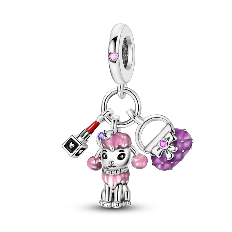 

Trendy 925 Sterling Silver Pink Precious Soldier Dog Bag Lipstick Charm Fit Pandora Bracelet Women's Shopping Accessories