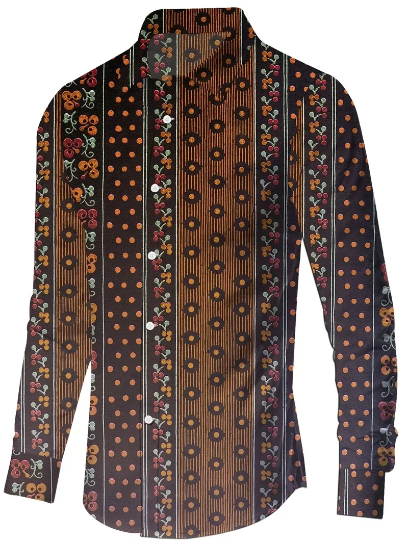 Men's dark ethnic pattern 3D printed long-sleeved lapel dress shirt simple business casual office party high-end clothing men's