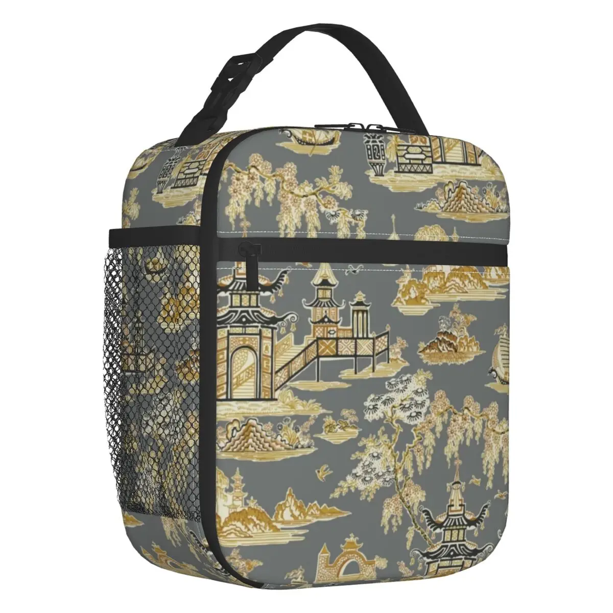 

Vintage Pagoda Garden Teahouse Portable Lunch Box Women Gray and Gold Chinoiserie Cooler Thermal Food Insulated Lunch Bag Office