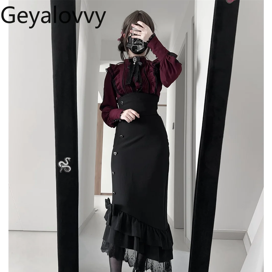 قميص بناتي جميل على الطراز الياباني الأصلي بأكمام طويلة وياقة واقفة وربطة عنق عالية الخصر وتنورة حورية البحر الطويلة للتخسيس