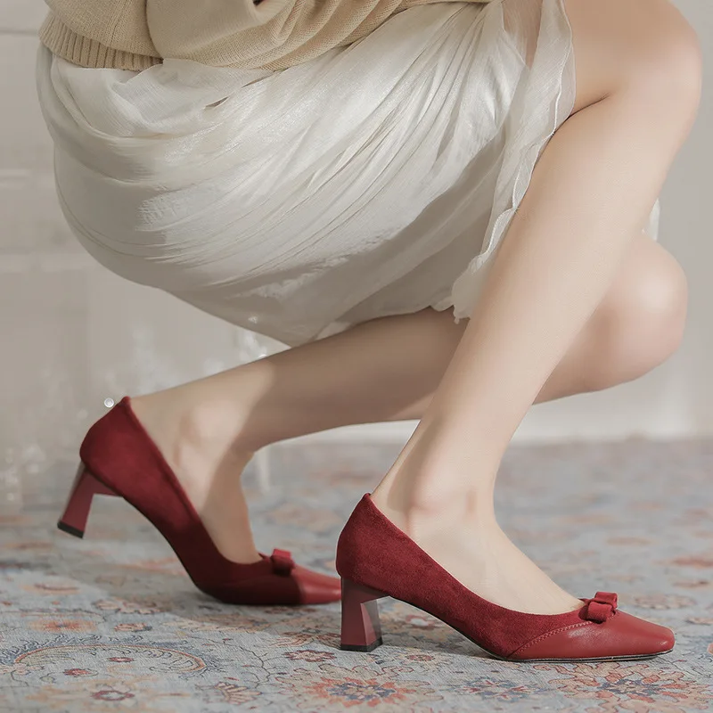 Wedding Shoes Version Party Show Daily Women's Comfortable Footwear Square Head Fashionable Korean Style 5cm Thick Heels Pumps