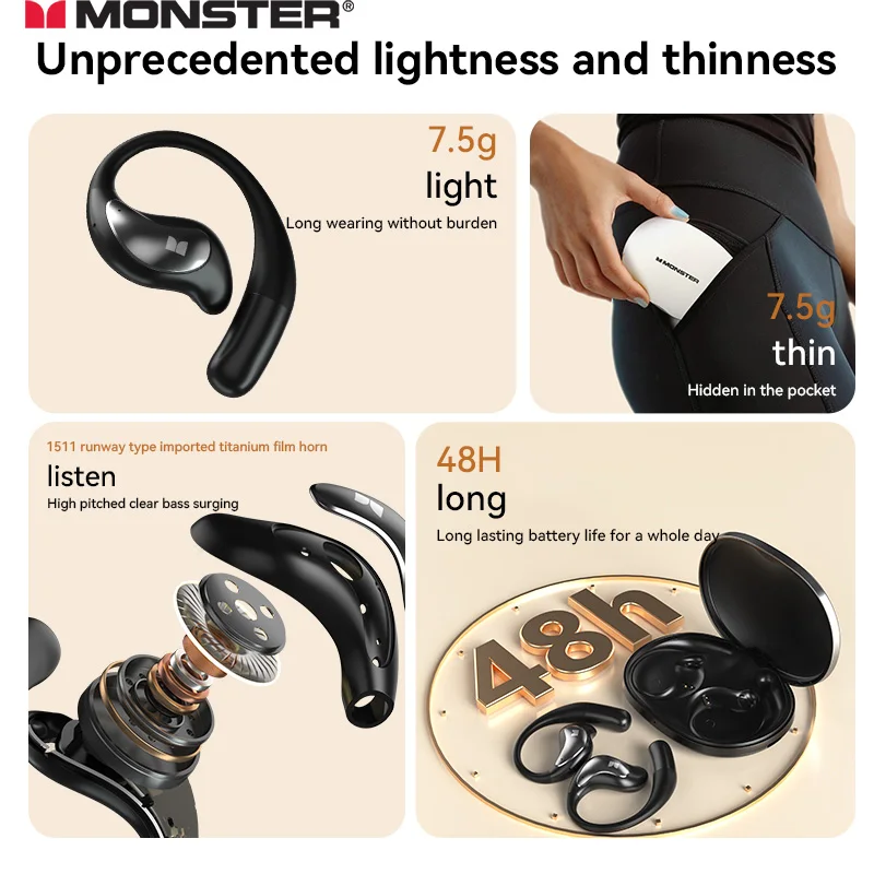Monster GT27 سماعات أذن مفتوحة بلوتوث 6.0 سماعات لاسلكية ENC إلغاء الضوضاء سماعة رأس رياضية للألعاب للتمرين والجري