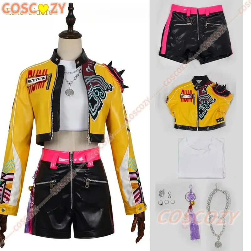 Disfraz de Rumi, peluca bordada, chaqueta de cuero PU amarilla, pantalones cortos, KPop Demon Hunters Huntrix, uniforme, pendientes, accesorios, traje