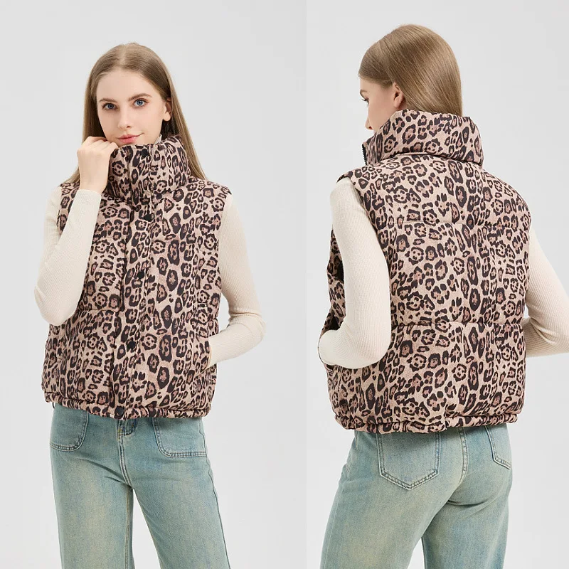 

Women Cotton Padded Vest Autumn Winter New Loose Korean Coat Cotton Sleeveless Leopard Print Stand Collar Women Waistcoat