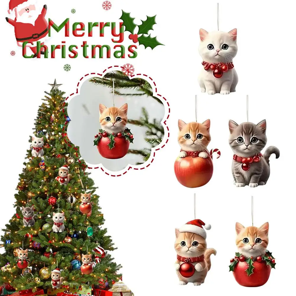 Christmas Tree Hanging Ornaments 2D Acrylic Cat Shaped Pendants Christmas Decorations For Home 2024 Xmas Gifts New Year 202 B6R1