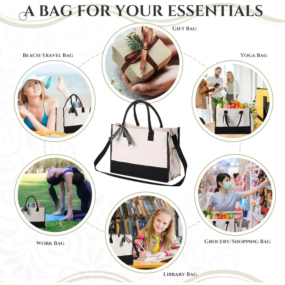حقيبة قماشية مع أشرطة كتف، 8 عبوات، أبيض وأسود، جيوب بسحاب، مثالية لتسوق البقالة، هدية نسائية، DIY #5