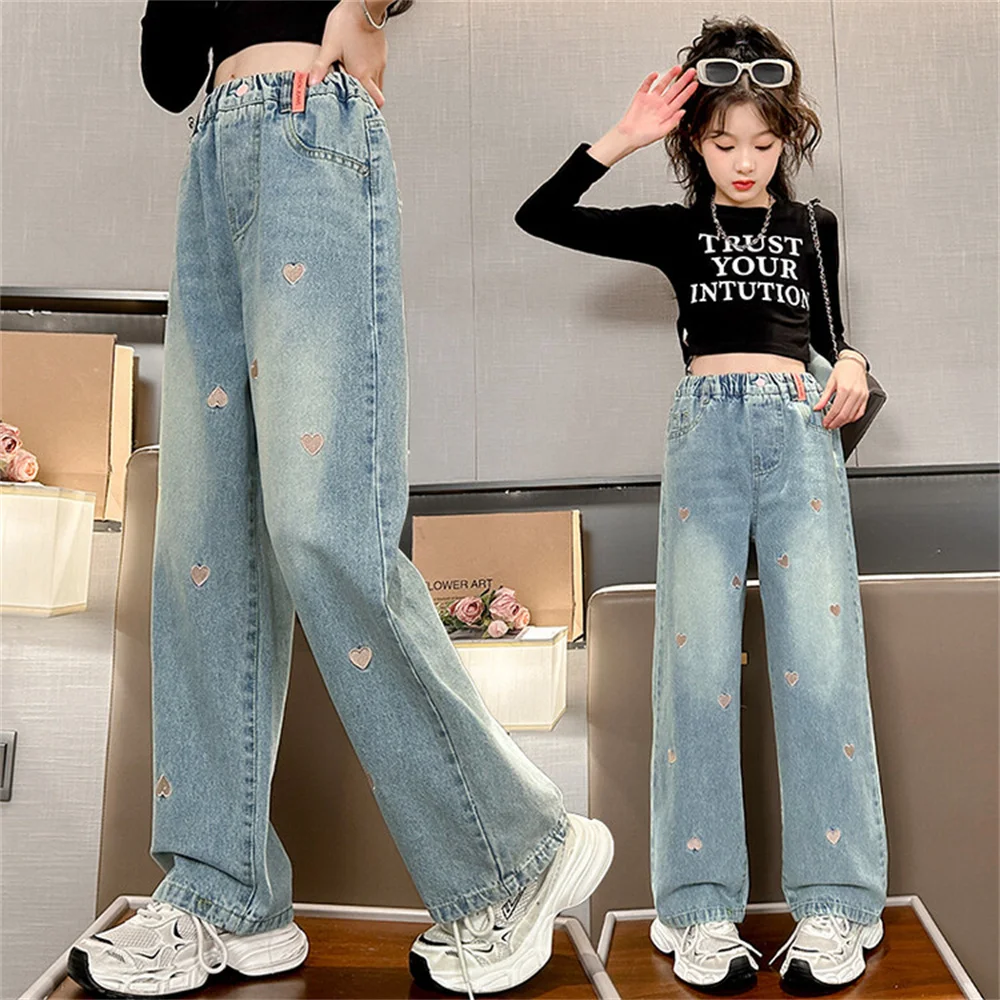 Youngsters Love Embroidered Jeans Girls' Wide Leg Pants Fashion Girls' Jeans Children's Jeans Kid's Casual Pants