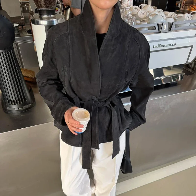 

Retro Suede Long-sleeved Jacket Coat Female V neck Lace Up Jacket 2025 Autumn Winter New Commute Office Lady Outerwear