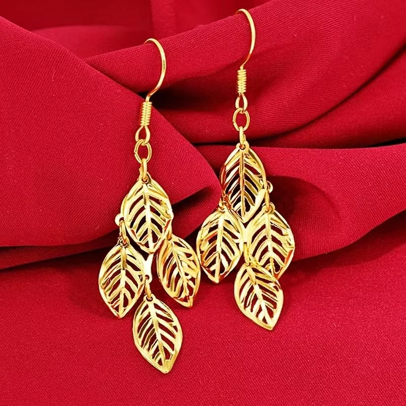 High Quality 999 Gold Earrings Pure Gold Hollow Leaf Earrings AU750 Real Gold Tassel Luxury Quality Jewelry for Women