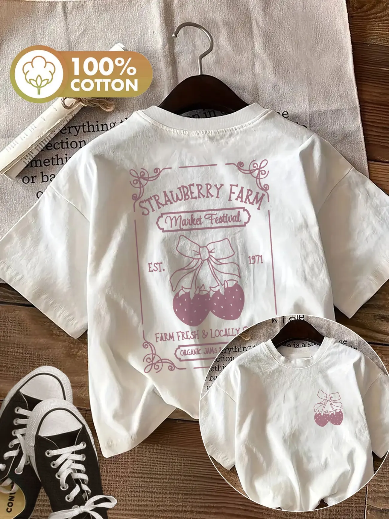 Retro Erdbeer-T-Shirt aus 100% Baumwolle für Damen, Süßes Erdbeer-Print-Shirt, Weicher Rundhalsausschnitt, Kurzarm-Oberteil, Vintage Grafik-Shirt