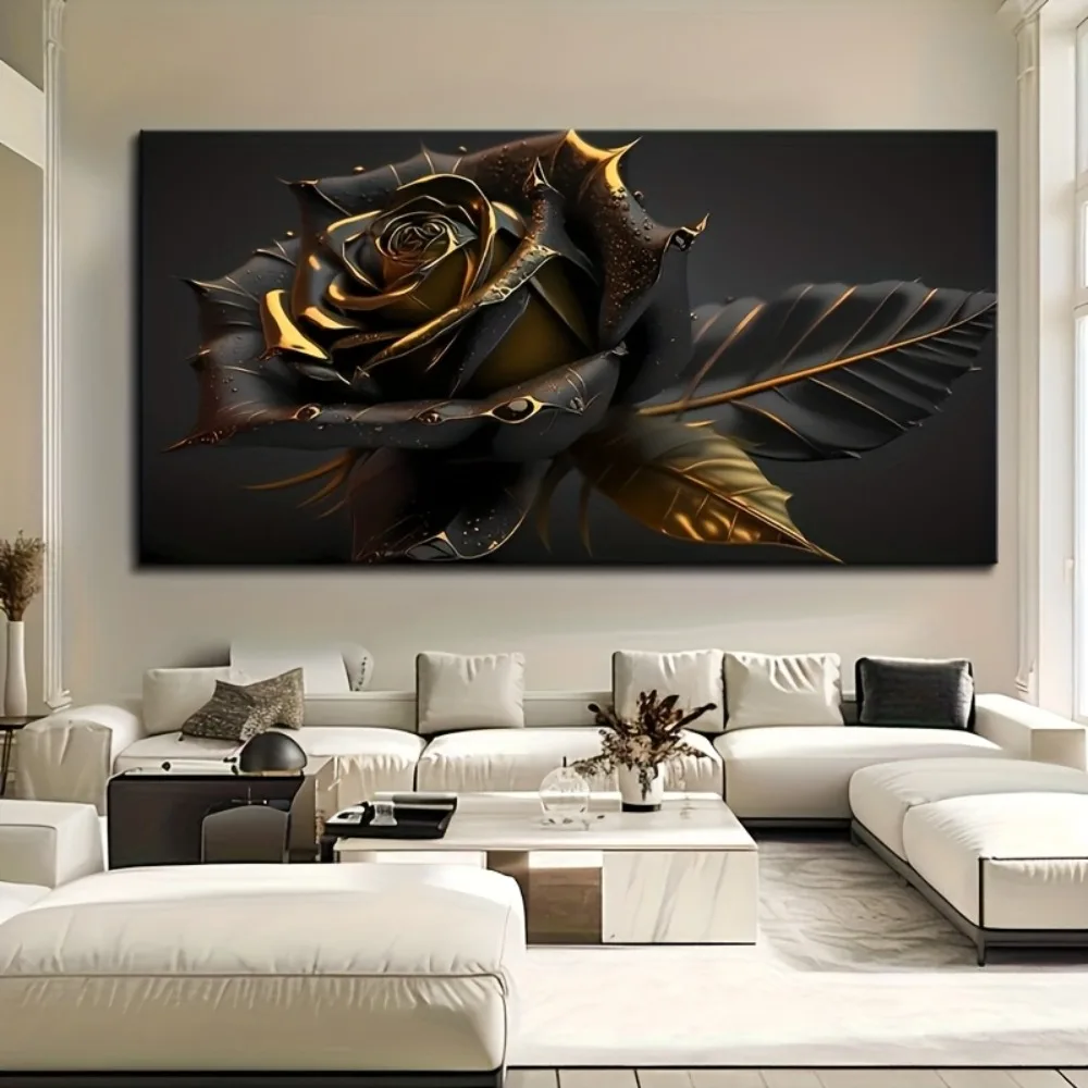 

Black rose wall art canvas with abstract gold decoration, suitable for interior decoration, 1.5 inch thick pine solid wood frame
