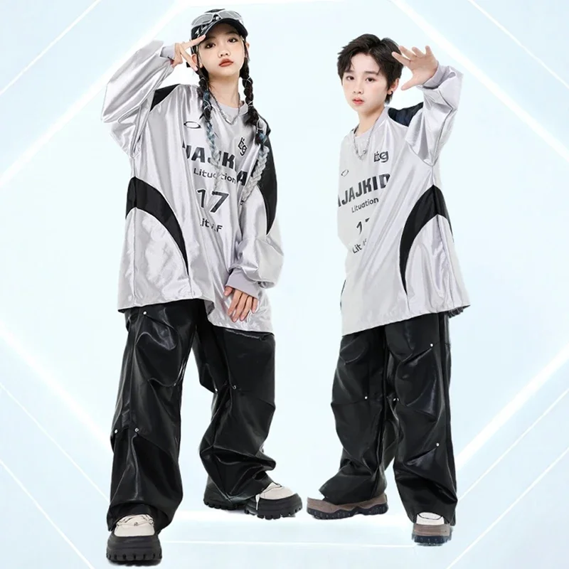 

Oversize Hip Hop Dance Costume Children Street Dance Clothing Boys Fashion Jazz Clothing Silver Tops Black Shuffle Pants