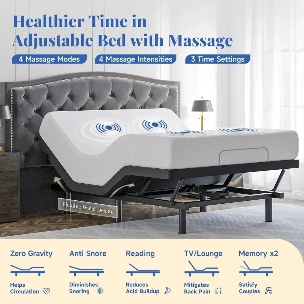 Adjustable Bed Frame Queen Size, Remote & Massage , Dual Side USB, Quiet Motor, Wireless Remote, Electric Adjustable Bed Frame